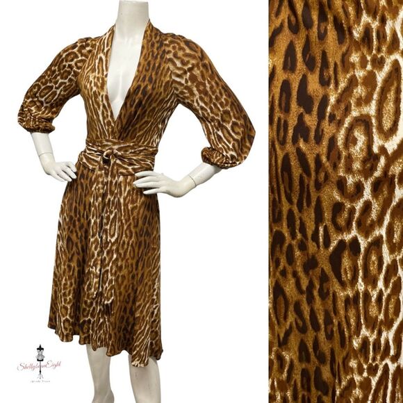YIGAL AZROUEL Stretch Jersey Deep V Plunge Dress Leopard Ruched Sash Waist XS - Picture 3 of 15